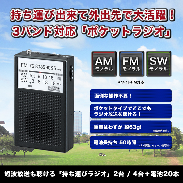 ポケットサイズ 短波放送も聴ける 持ち運びラジオ 3バンド対応 電池式 快適生活 ライフサポート