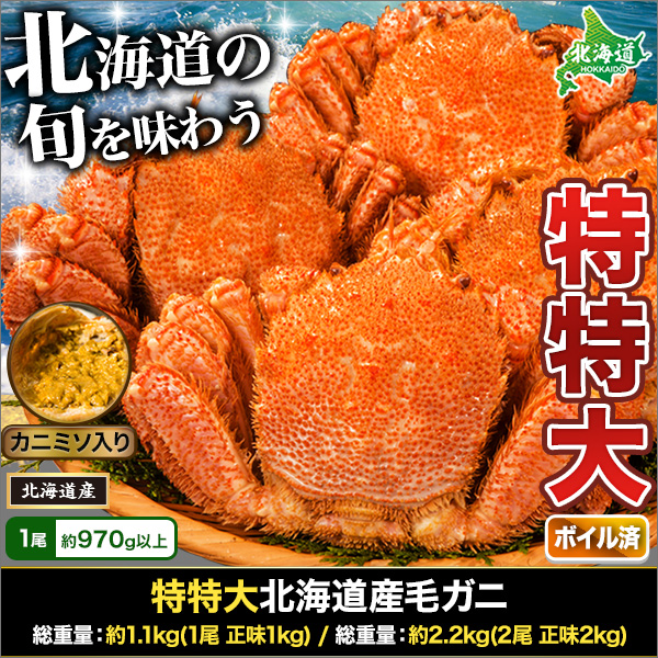 特特大北海道産毛ガニ 総重量：約1.1kg(1尾 正味1kg) / 総重量：約2.2kg(2尾 正味2kg)