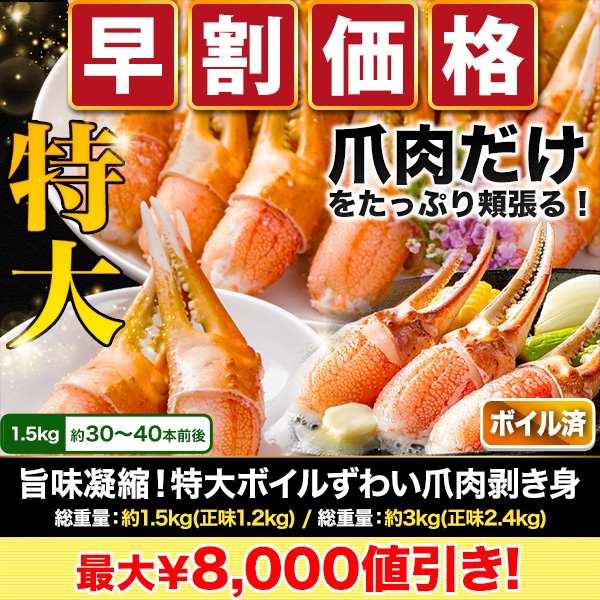 【早割価格】旨味凝縮！特大ボイルずわい爪肉剥き身 総重量:約1.5kg(正味1.2kg)/総重量:約3kg(正味2.4kg)