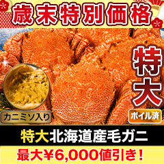 【歳末特別価格】特大北海道産毛ガニ 総重量：約820g(1尾 正味750g) / 総重量：約2.2kg(3尾 正味2kg)